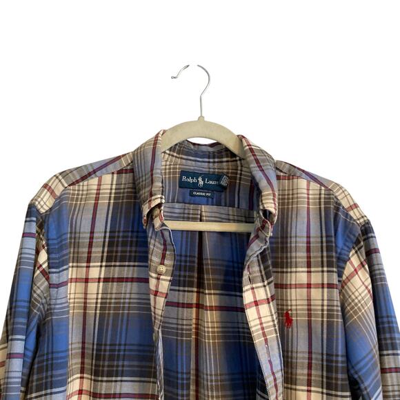 Vintage Y2K Ralph Lauren Ivory Blue Plaid Classic Fit Button Down Shirt Sz Large - Picture 5 of 16